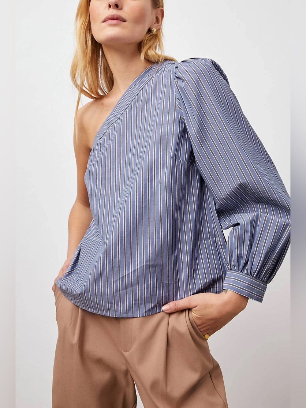 Rails Large Jill Top In Brentwood Blue White Stripe One Shoulder Puff Sleeve Top